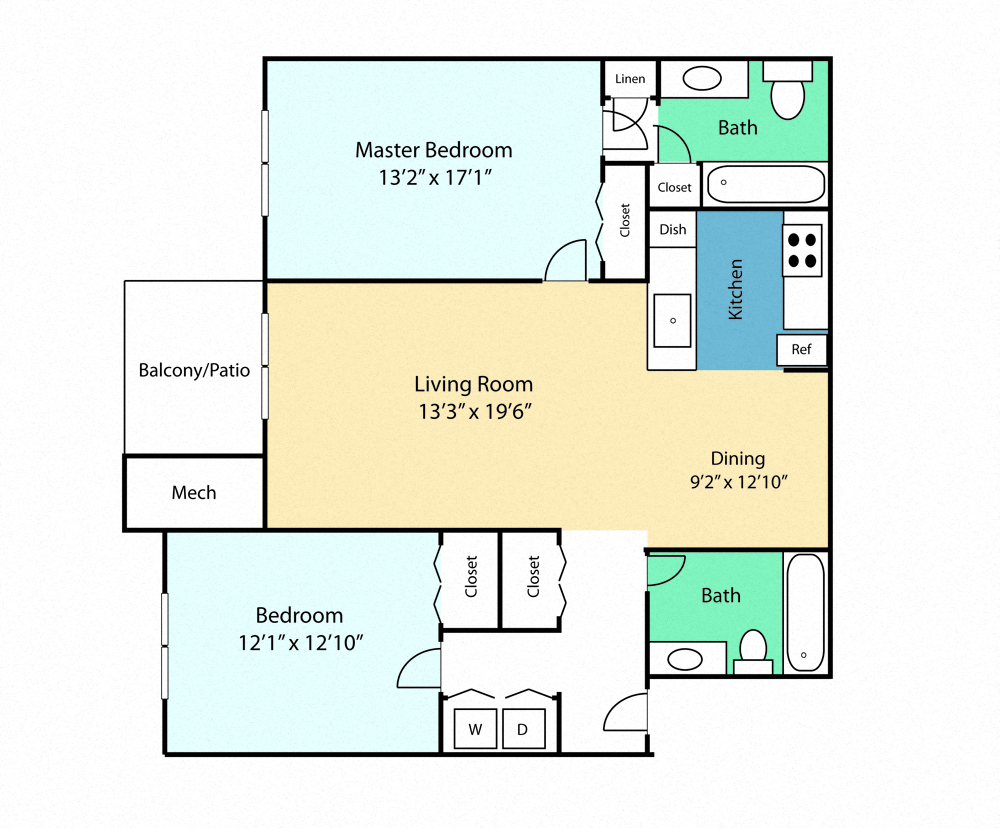 Floor plan for 2 beds, 2 baths, 1182 sqft